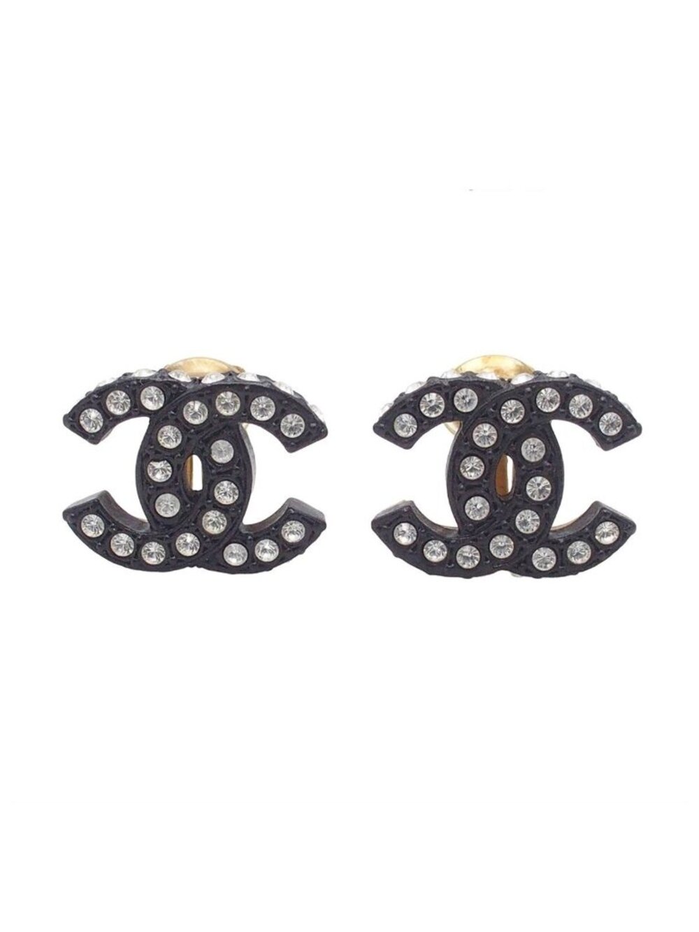 Chanel 02A Earrings Black Metal CC Logo Rhinestone Costume 02